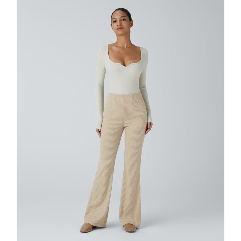 Halara‎ Ribbed Knit High Waisted Side Zipper Pockets Casual Flare Pants Small